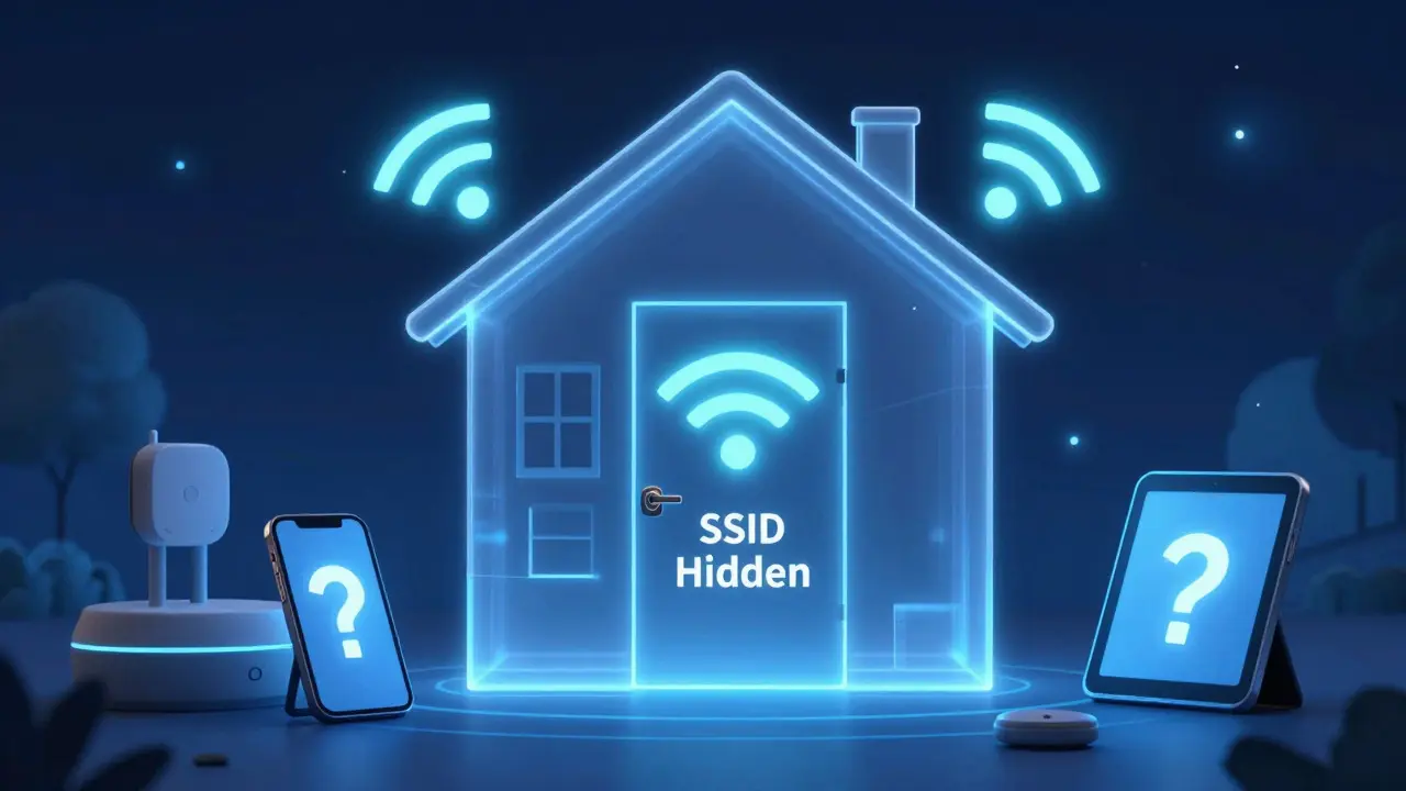 Skrytá Wi-Fi síť je znázorněna jako síť za zámkem, zatímco ostatní zařízení nemohou připojit.