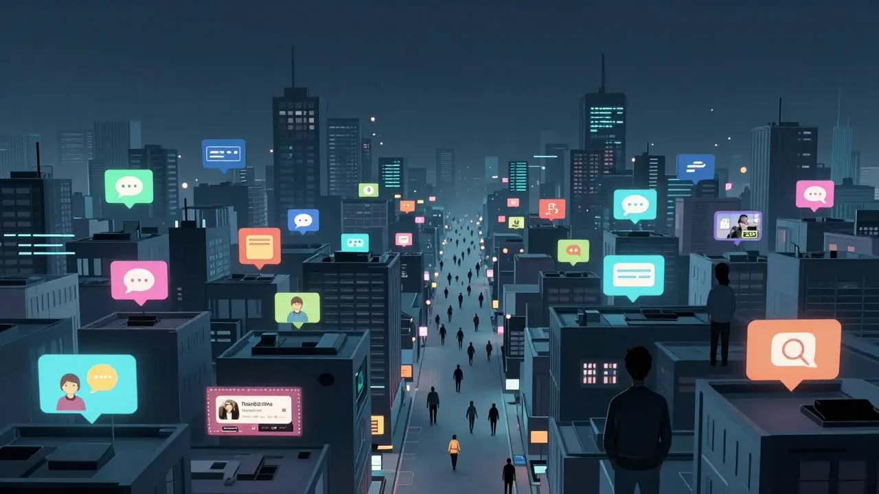 Surreální město z digitálních prvků, kde děti cestují nevědomě mezi nebezpečnými online obsahy pod dohledem dospělých.