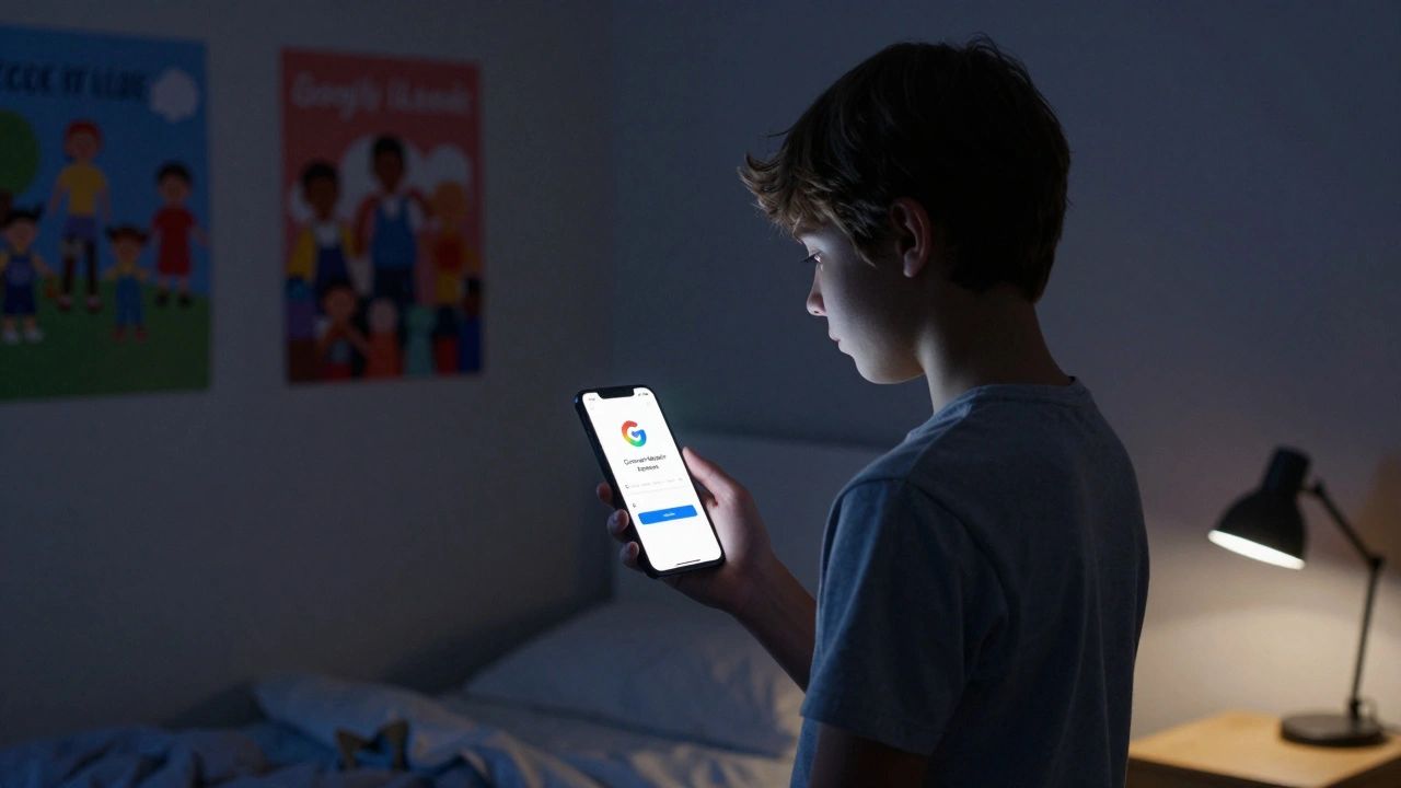 Teen using phone to convert Google account from child to regular in bedroom at night.