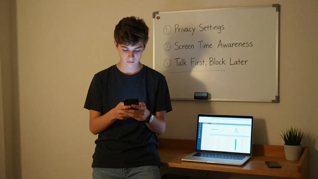 Teenager v ložnici s nápisem na tabuli o digitální odpovědnosti, symbolizující přechod k samostatnosti.