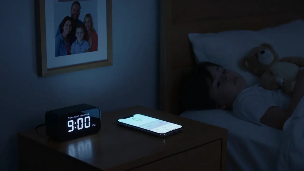 Telefon dítěte je uzamčený ve večerní hodině s upozorněním na časový limit.