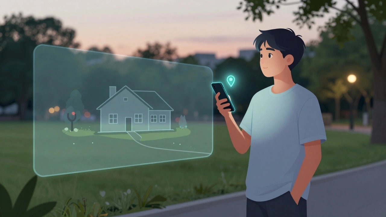 Těžký chlapec v parku s viditelným sledováním polohy na telefonu.