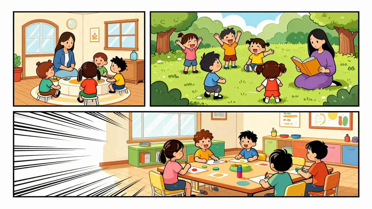 Tři alternativní formy péče o děti: doma, v parku a ve kulturním centru.