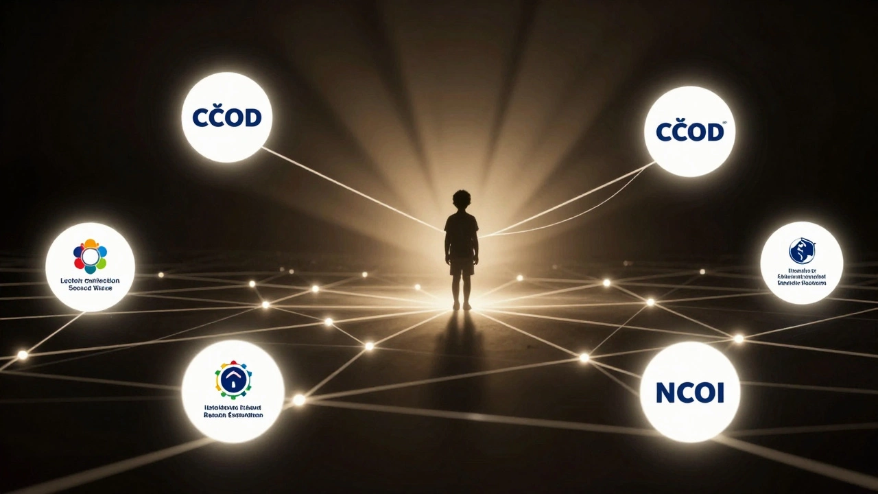 Zlomený digitální řetězec, dítě vychází ze tmy do světla.