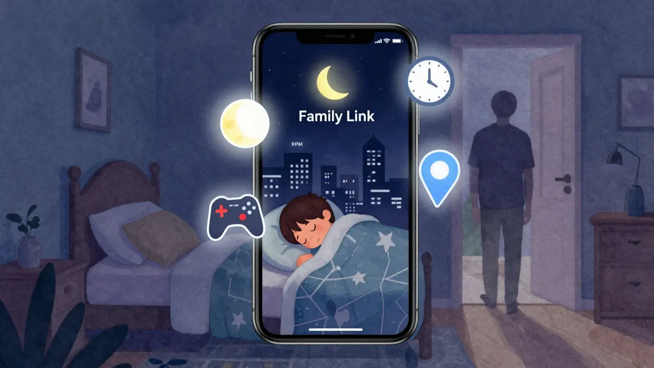 Dětský telefon v nočním režimu Family Link s ikonami času, hry a polohy.
