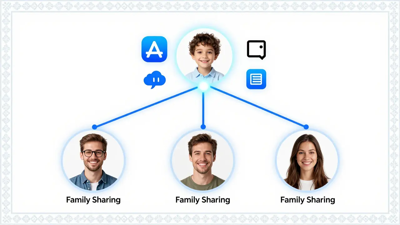 Digitální rodinná struktura s dětským Apple ID propojeným s rodiči prostřednictvím Family Sharing.