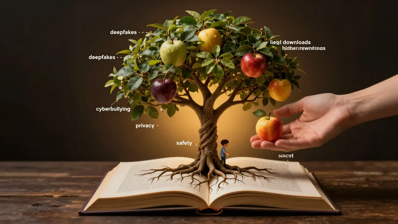 Digitální strom s kořeny v pravidlech internetu, jehož ovoce představuje nelegální činy.