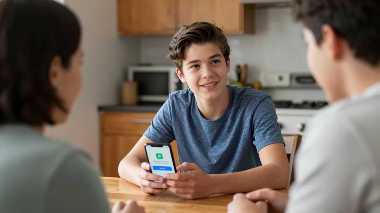 Dítě a rodič hovoří o sledování polohy v kuchyni s důvěrou.