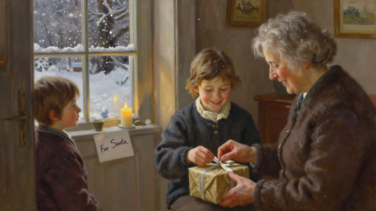 Dítě balí dárky pro starého souseda, zatímco menší sourozenec pozoruje s údivem.