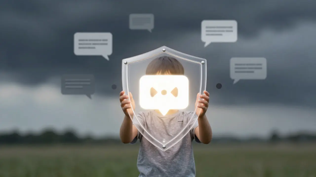 Dítě chrání sebe pomocí štítu ve tvaru videohovoru proti neznámým hrozbám.