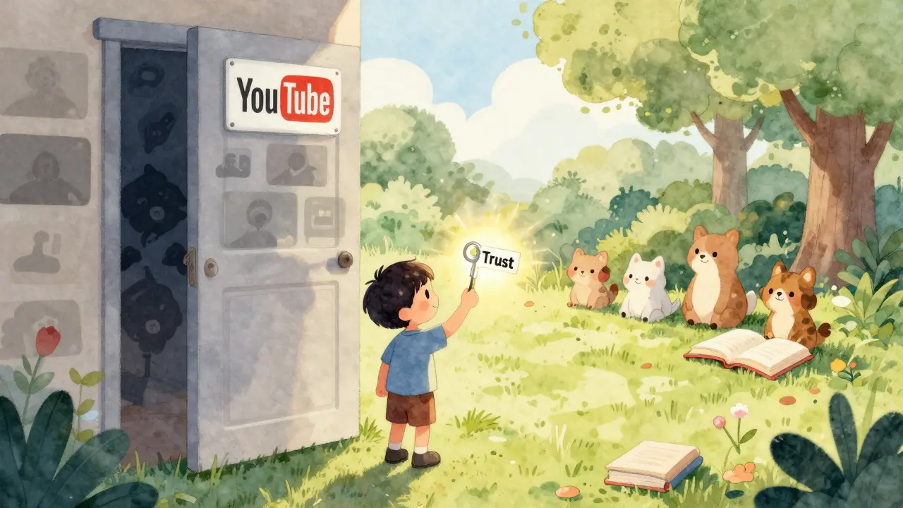 Dítě drží klíč důvěry před dveřmi YouTube, za nimiž je klidný bezpečný svět.