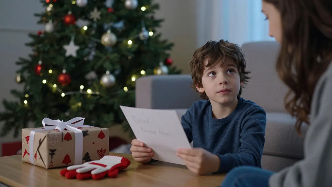 Dítě hledí rodiči do očí s otázkou v pohledu, zatímco na stole leží dárky.