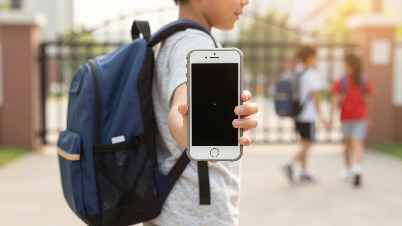 Dítě jde do školy s starým iPhoneem používaným jen pro sledování polohy.