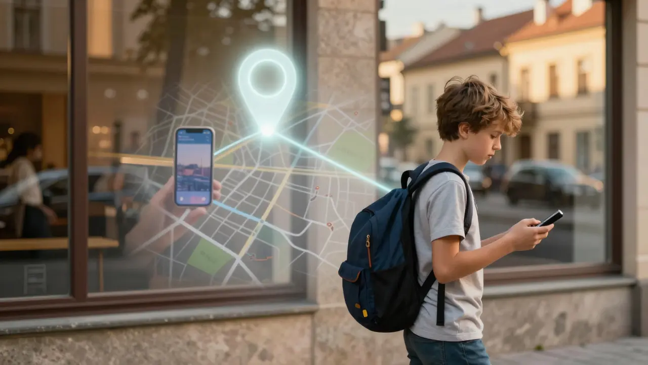 Dítě jde domů z školy, jeho poloha je viditelná na mapě v odrazu okna.