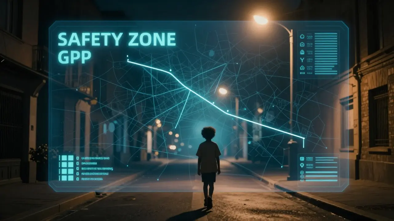 Dítě jde ulicí v noci, digitální bezpečnostní zóna je vidět jako průhledný obrys.