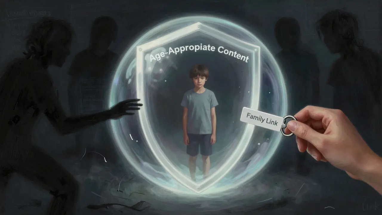 Dítě je chráněno v bezpečné sféře, zatímco nevhodný obsah je odstraněn zvenku.