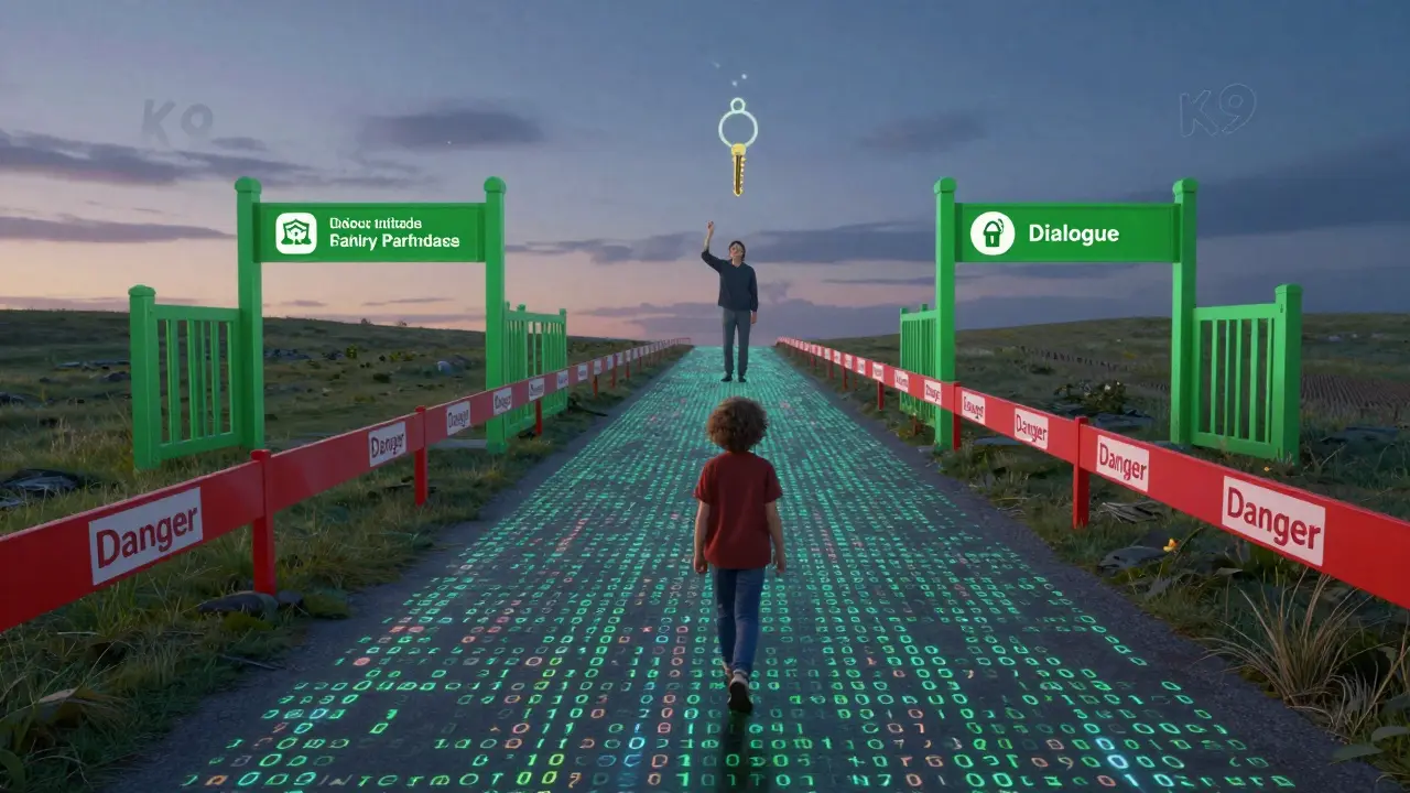 Dítě kráčí bezpečnou cestou digitálního internetu pod dohledem rodiče.