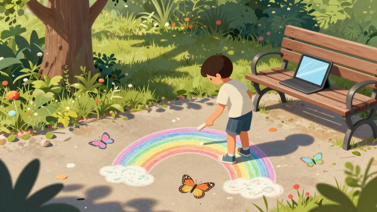 Dítě kreslí na zemi křídou ve venkovní zahradě.