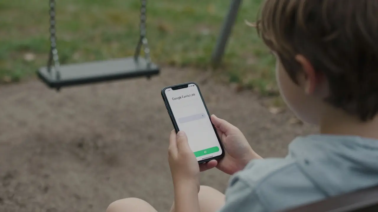 Dítě na lavičce v parku dostává oznámení o schválení stažení hry.