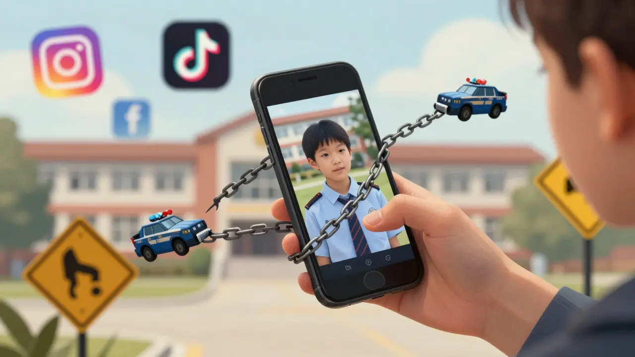 Dítě odesílá fotku kamaráda, zatímco právní varování se objevují kolem telefonu.