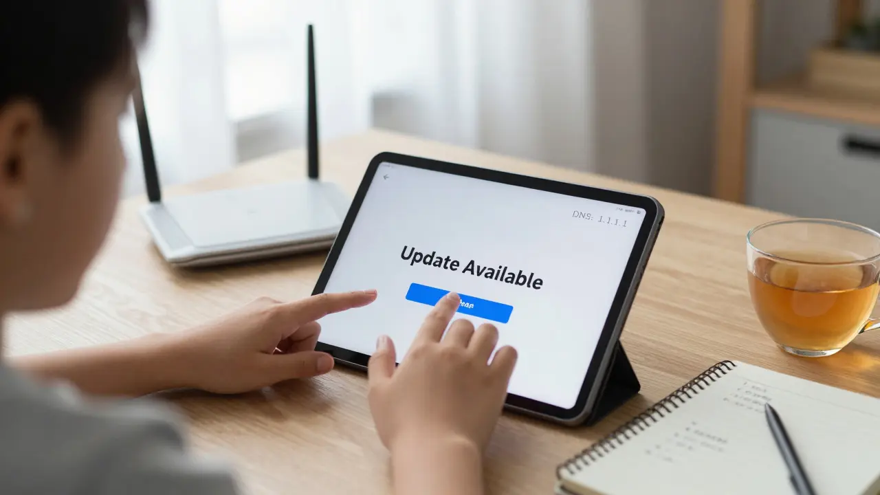 Dítě se dívá na tablet s upozorněním na aktualizaci, vedle router s nastaveným DNS 1.1.1.1.