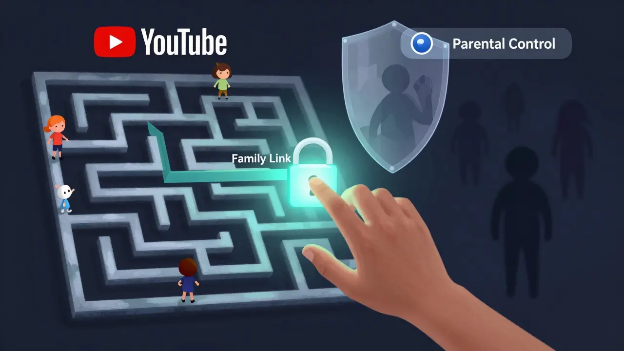 Dítě si vybírá bezpečnou cestu v digitálním bludišti pod ochranou rodičovské kontroly.