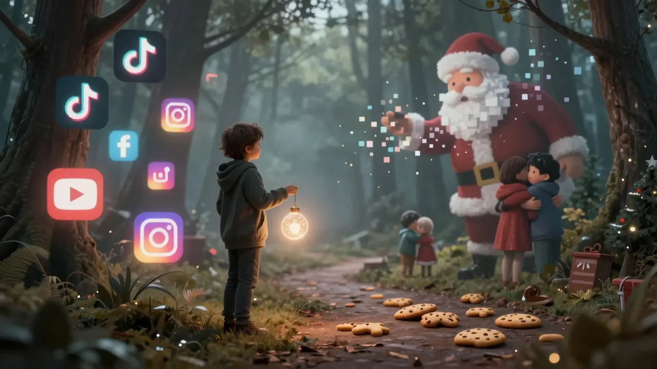 Dítě stojí u hranice digitálního lesa z ikon sociálních sítí, zatímco Ježíšek mizí v pixelech.