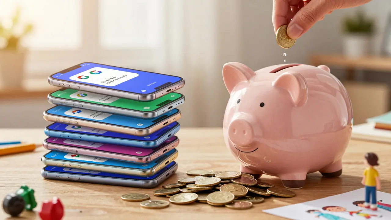 Kořenka z telefonů s aplikacemi pro vydělávání a hračky symbolizují příjem z každodenních chvil.