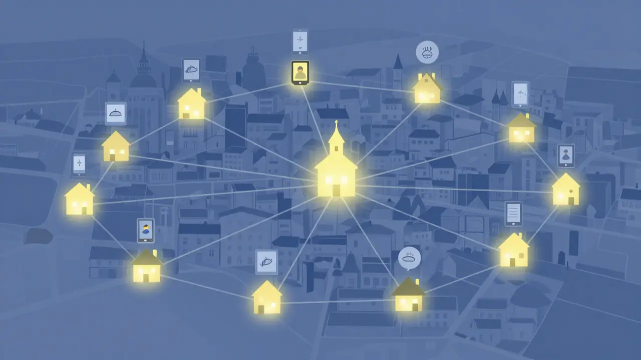 Mapa českých měst s propojenými domy, kde lidé vzdáleně hlídají děti pomocí aplikací.