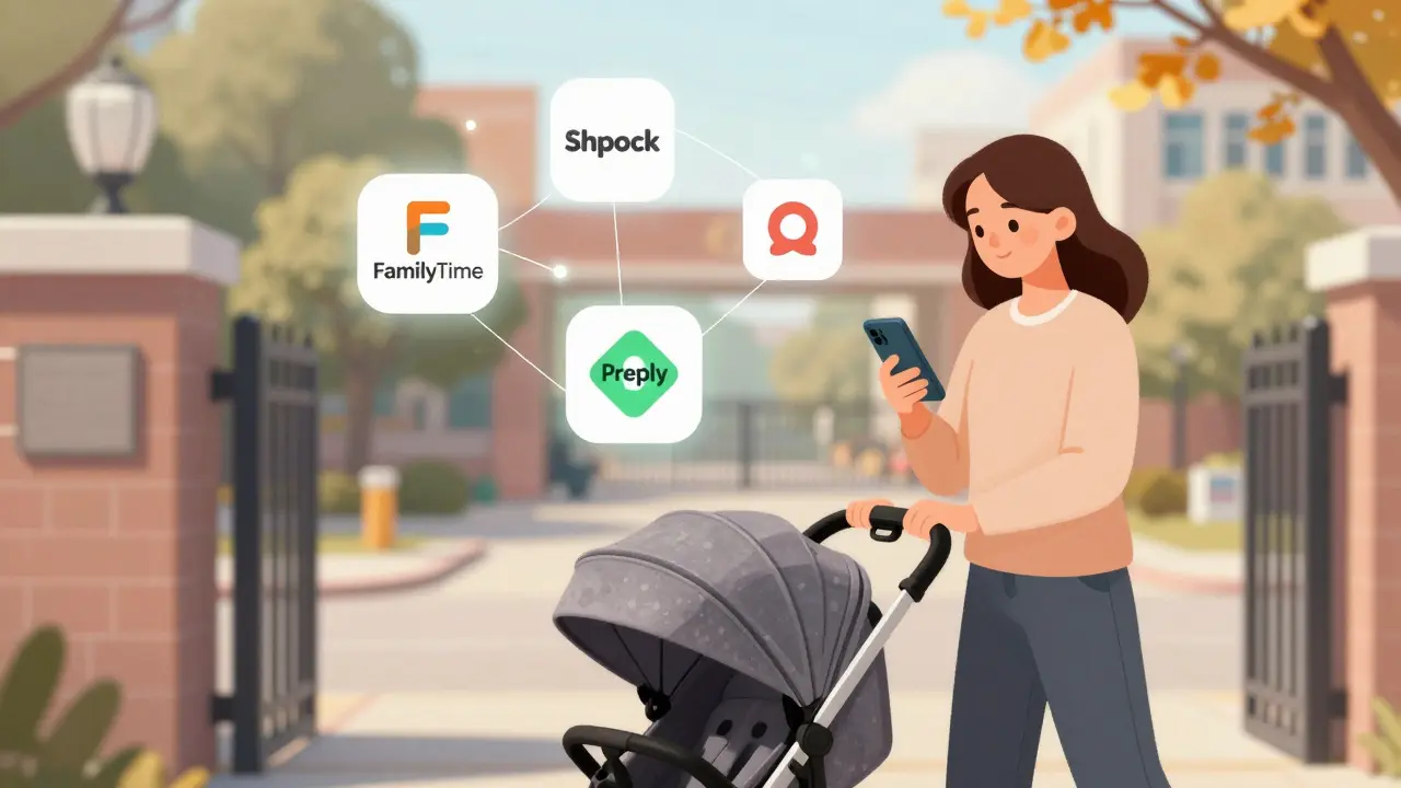 Matka s kočárkem používá telefon s aplikacemi pro doplňující příjem.