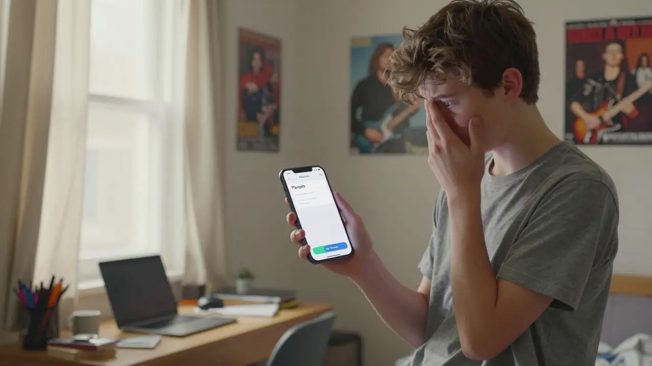 Neposlušný teenager se dívá na svůj iPhone s možností vypnout sledování.