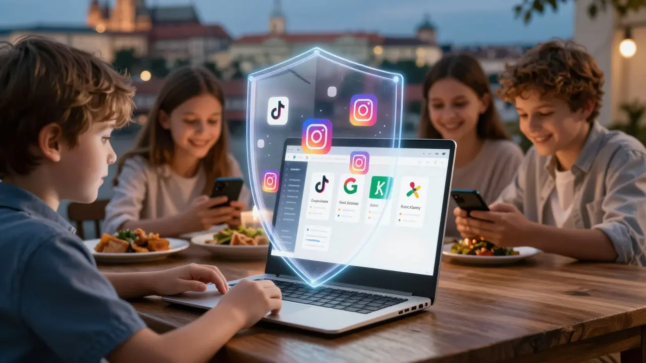 Průhledný digitální štít filtruje nevhodné weby na Chromebooku, zatímco rodina dělá večerní oběd.