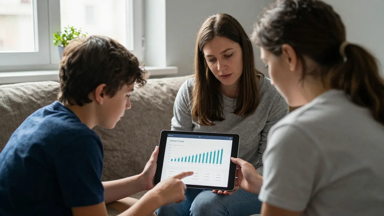 Rodič a dítě hovoří o digitálním životě při společném pohledu na tablet.