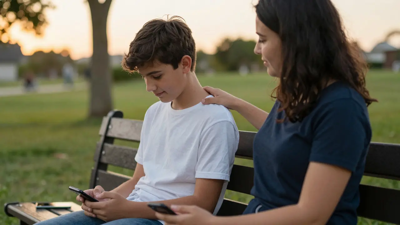 Rodič a dítě sedí na lavičce v parku při západu slunce, bez telefonů.