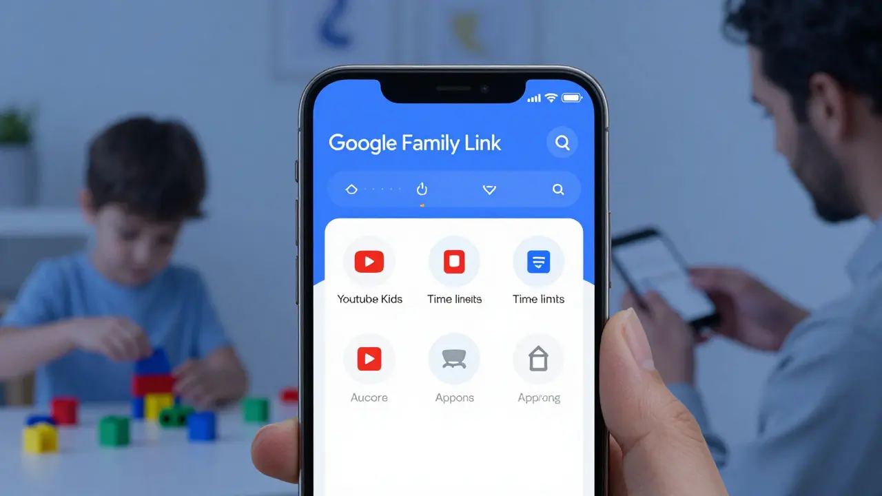 Rodič kontrolyuje nastavení Family Link na telefonu s povolenými omezeními YouTube.