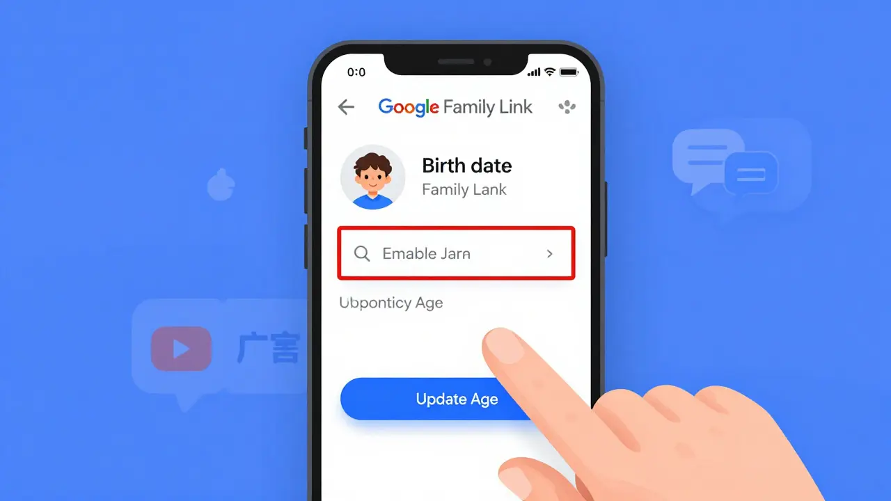 Rodič upravuje datum narození dítěte v aplikaci Google Family Link na telefonu.