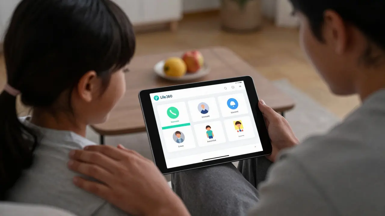 Rodina společně diskutuje o bezpečnosti na tabletu, dítě vysvětluje svou cestu rodičům.