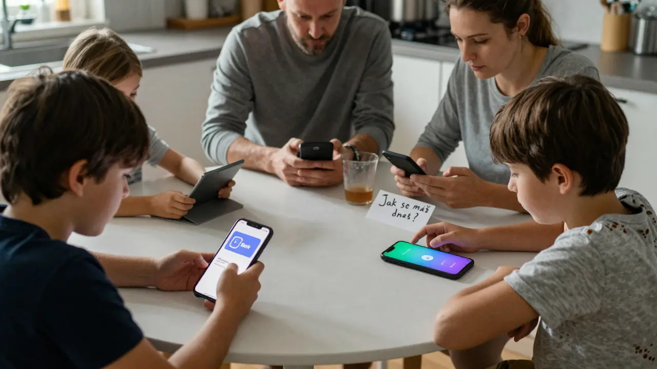 Rodina spolu sní ráno, každý má svůj telefon, na tabletu je pozvánka k rozhovoru.