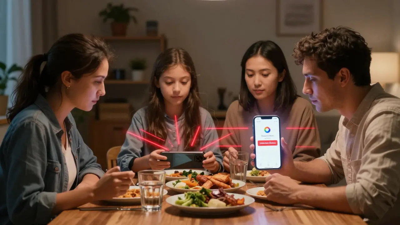 Rodina u večeře, ale telefon dítěte vysílá červené varovné čáry, symbolizující sledování.