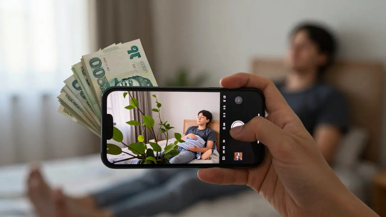 Ruka drží telefon s kamerovým přenosem, z něhož rostou peníze, symbolizující příjem z domácího hlídání.