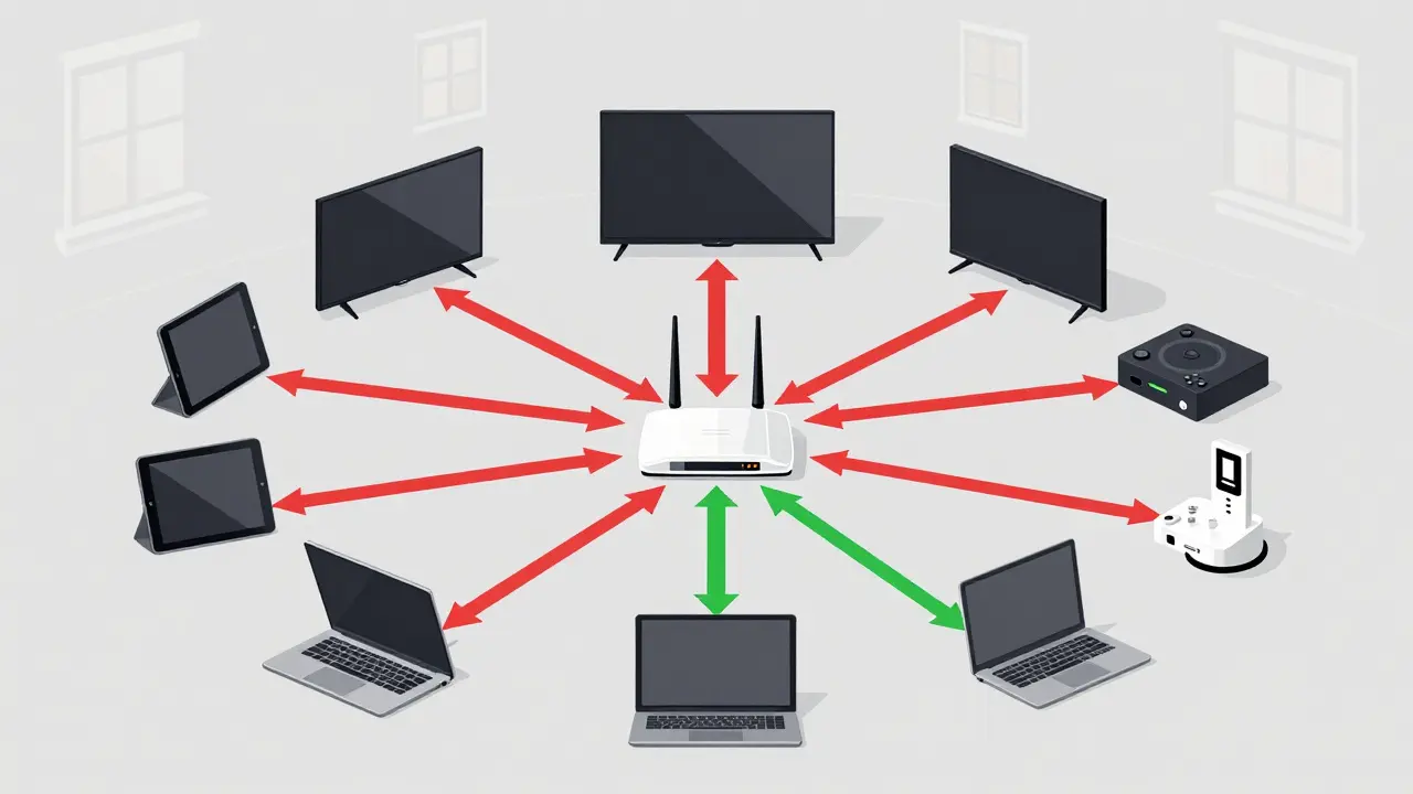 Schéma domácí sítě s 15 zařízeními připojenými k routeru, jeden kabel Ethernet vede přímo k počítači.