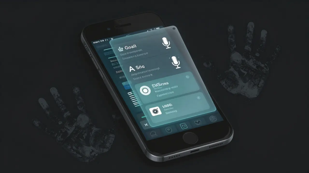 Skrytá špiónská aplikace zobrazuje sledování dat na telefonu s červenými ikonami.