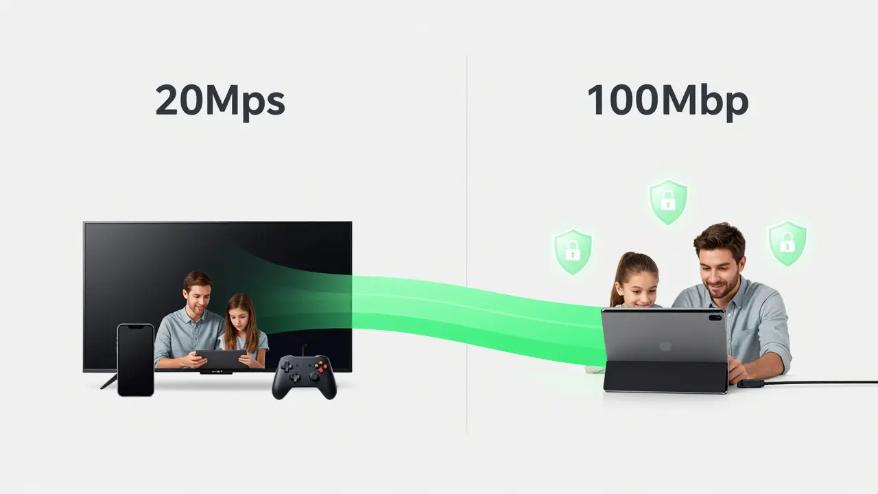 Srovnání připojení: přetížená síť vlevo a prioritizované připojení tabletu přes kabel vpravo.