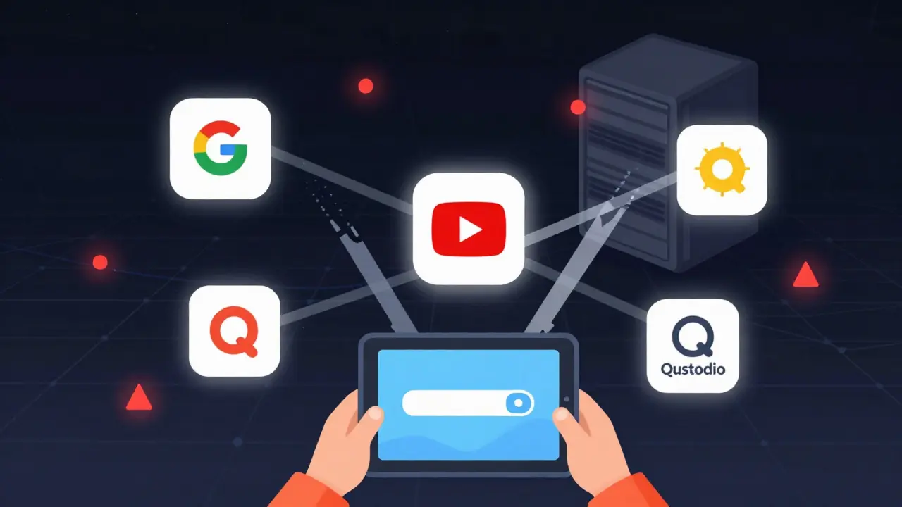 Tabuleta s výukovými aplikacemi spojené sítí, kde jedna spojovací čára je přerušená, symbolizující selhání bezpečnostního filtru.