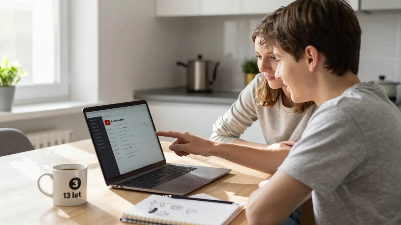 Teenager a rodič společně nastavují omezení na YouTube u kuchyňského stolu.