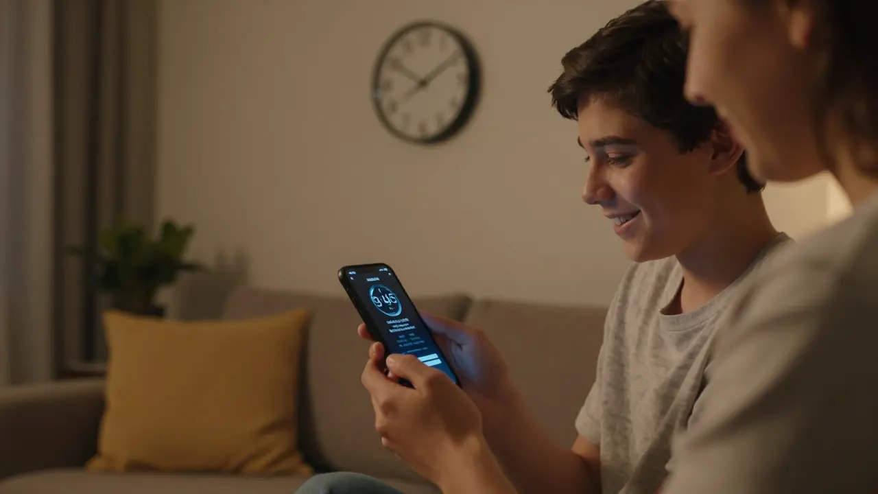 Tinář předává telefon rodiči, když se blíží časový limit používání aplikace.