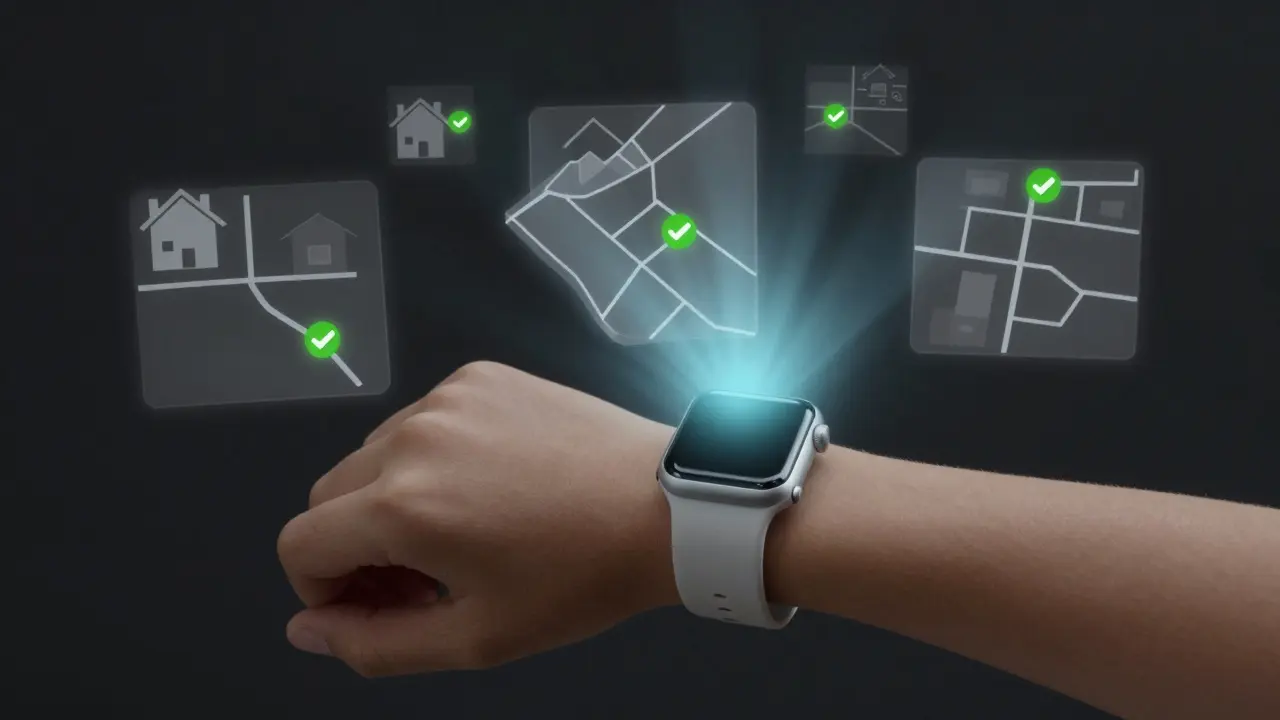 Apple Watch dítěte s přehledem bezpečných zón: dům, škola a zastávka.