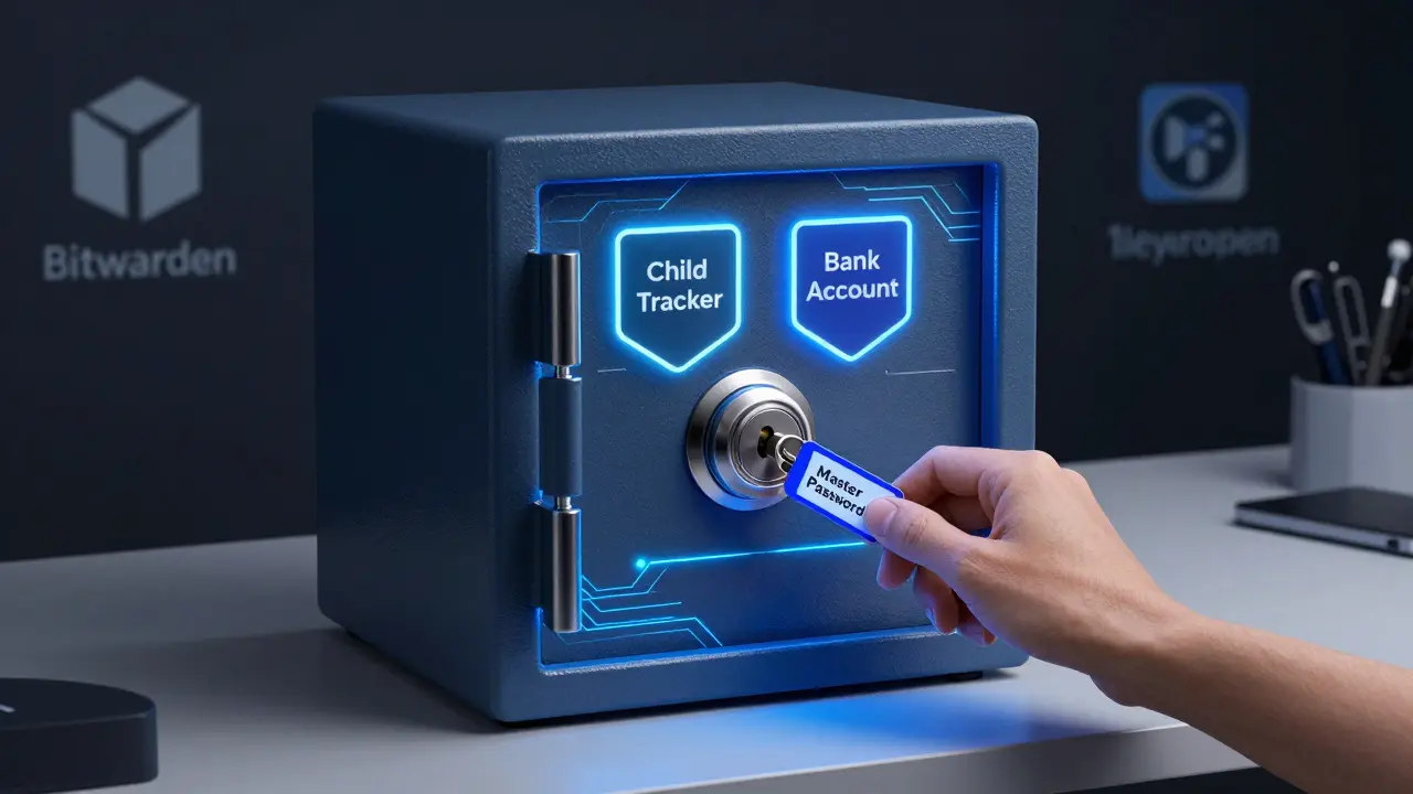 Bezpečný digitální trezor s šifrovanými hesly pro sledování dětí a bankovní účet.