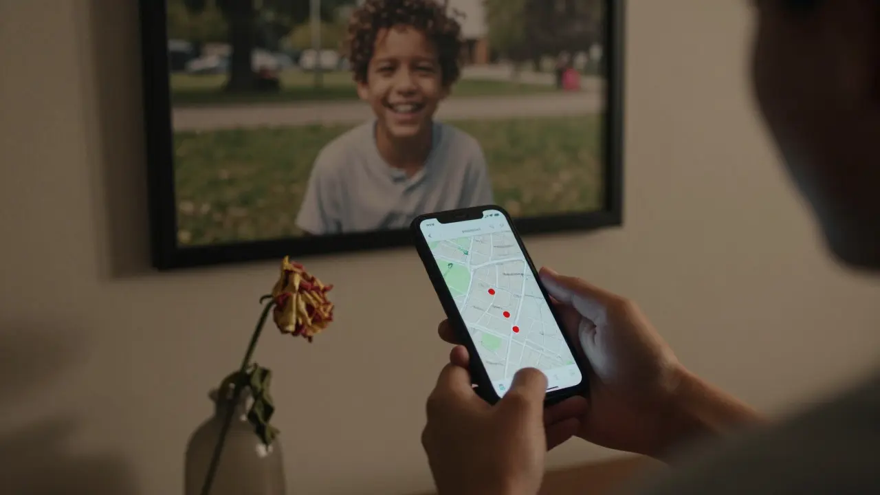 Chytrý telefon s mapou a vysušená květina vedle — symbol péče a důvěry.