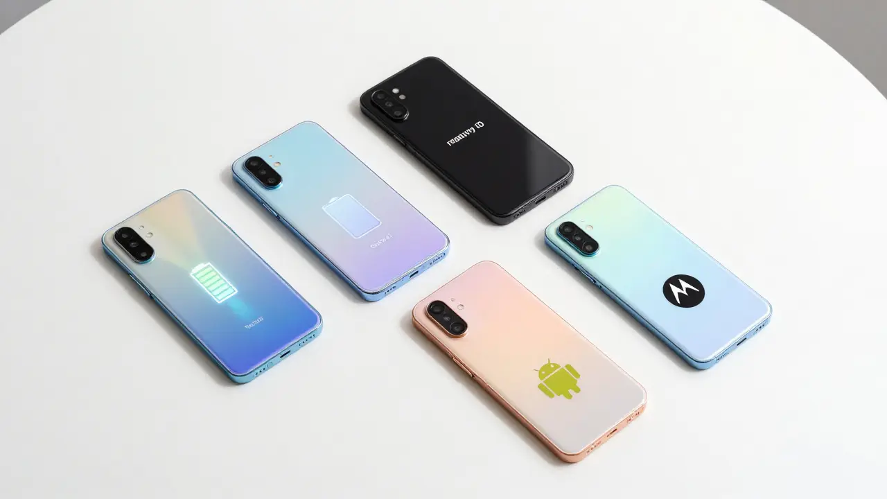 Čtyři smartphoney s symboly baterie, odolnosti, úložiště a OS